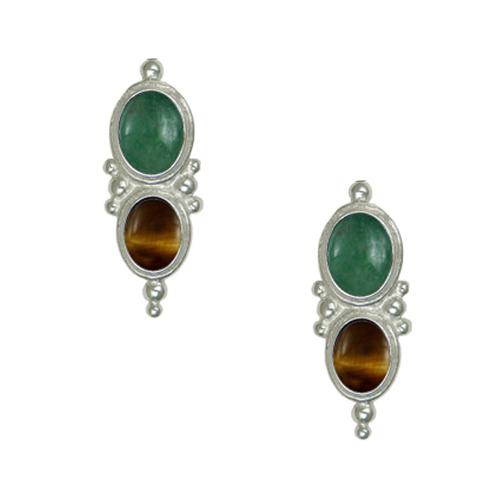 Sterling Silver Drop Dangle Earrings With Jade And Tiger Eye